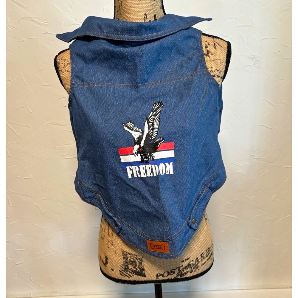 WOOF Dog Vest XL Denim Freedom Eagle Patriotic Blue Jean Jacket Pet Clothing